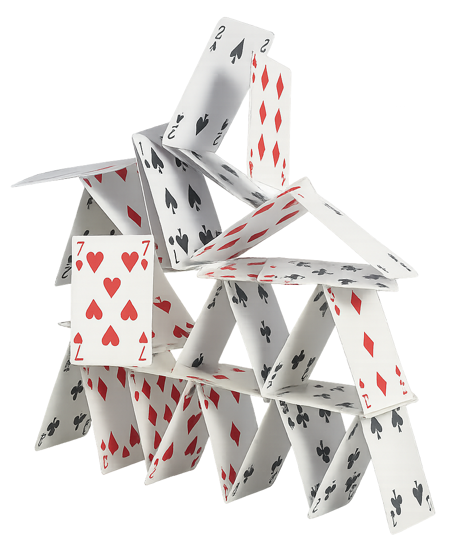 Inheritance analogy: tall, fragile house-of-cards structure representing tight coupling