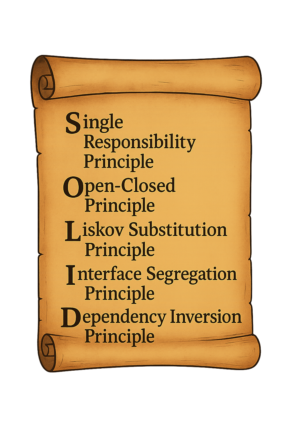 SOLID principles diagram: SRP, OCP, LSP, ISP, DIP