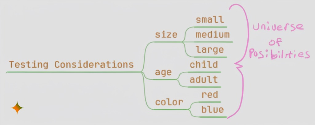 Mind map of Testing Considerations showing size, age, and color branches